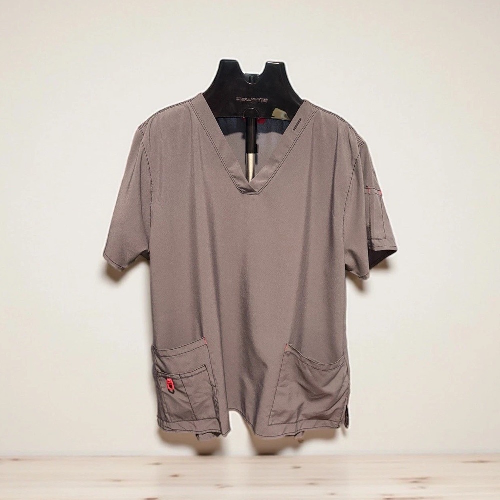 Carhartt Gray Scrubs Top Short Sleeve Size 2X Multi Pockets - Pink Accents Flaws